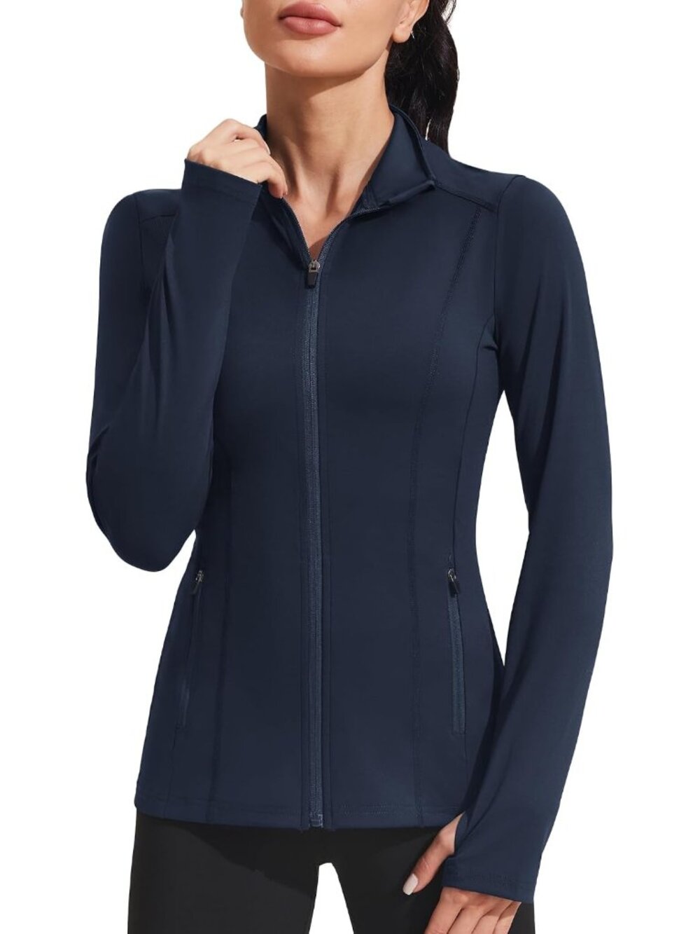 Women Navy Mild Weather Zipper Pockets Long Sleeve Full Zip Up Trench jacket